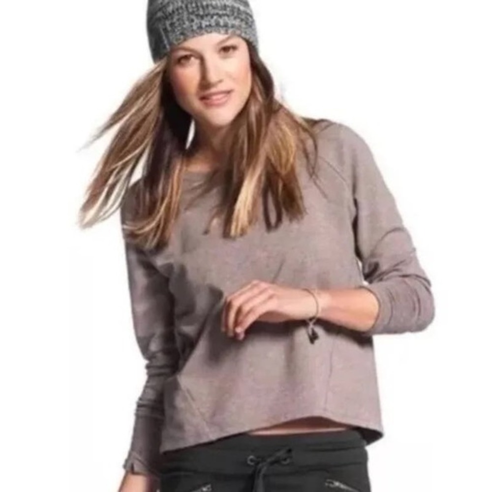 Athleta Idyllwild Sweatshirt Cropped Crew Neck Thumb Holes Taupe Brown sz small